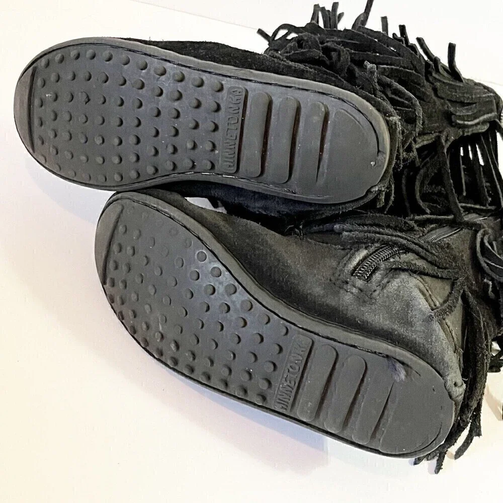 Minnetonka Moccasin Girls Black Boots 3 Layer Fringe Sz 12 Syle 2659 Leather